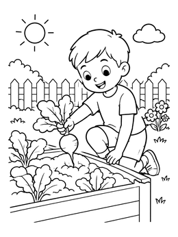 Free printable Boy Harvesting Fresh Radish coloring page
