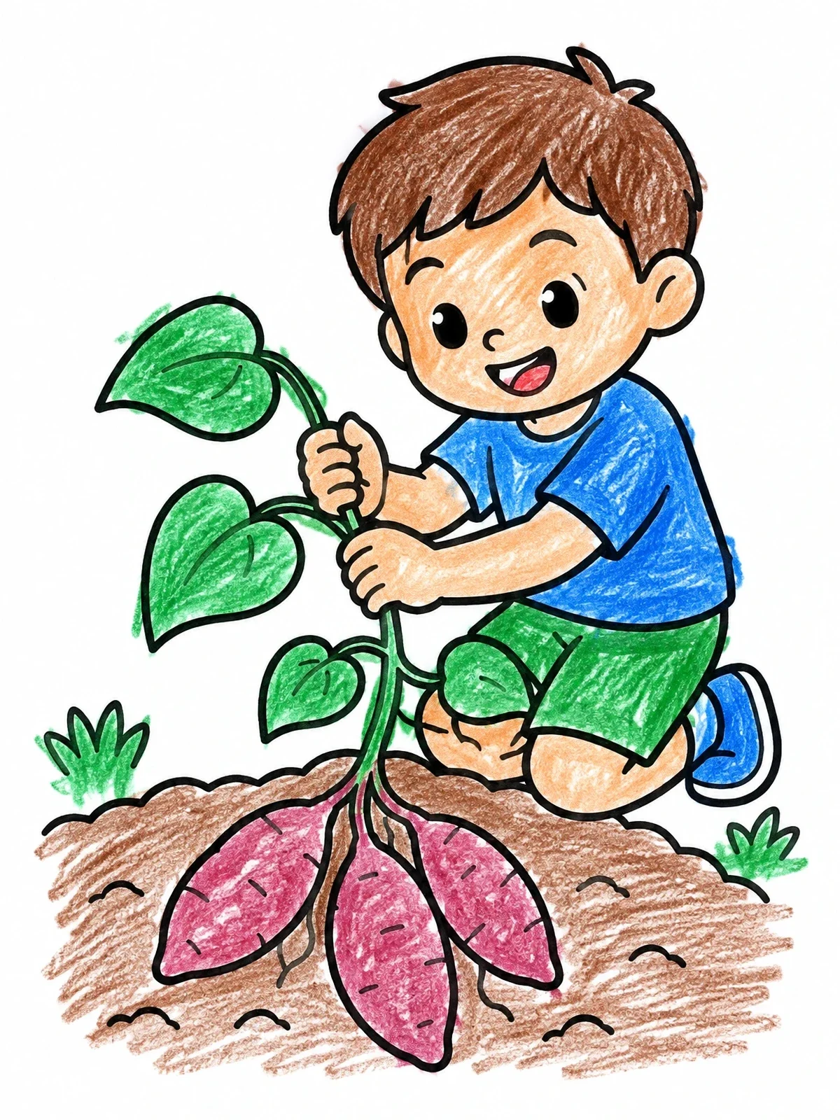 Colored example of the Boy Harvesting Sweet Potatoes In Garden coloring page