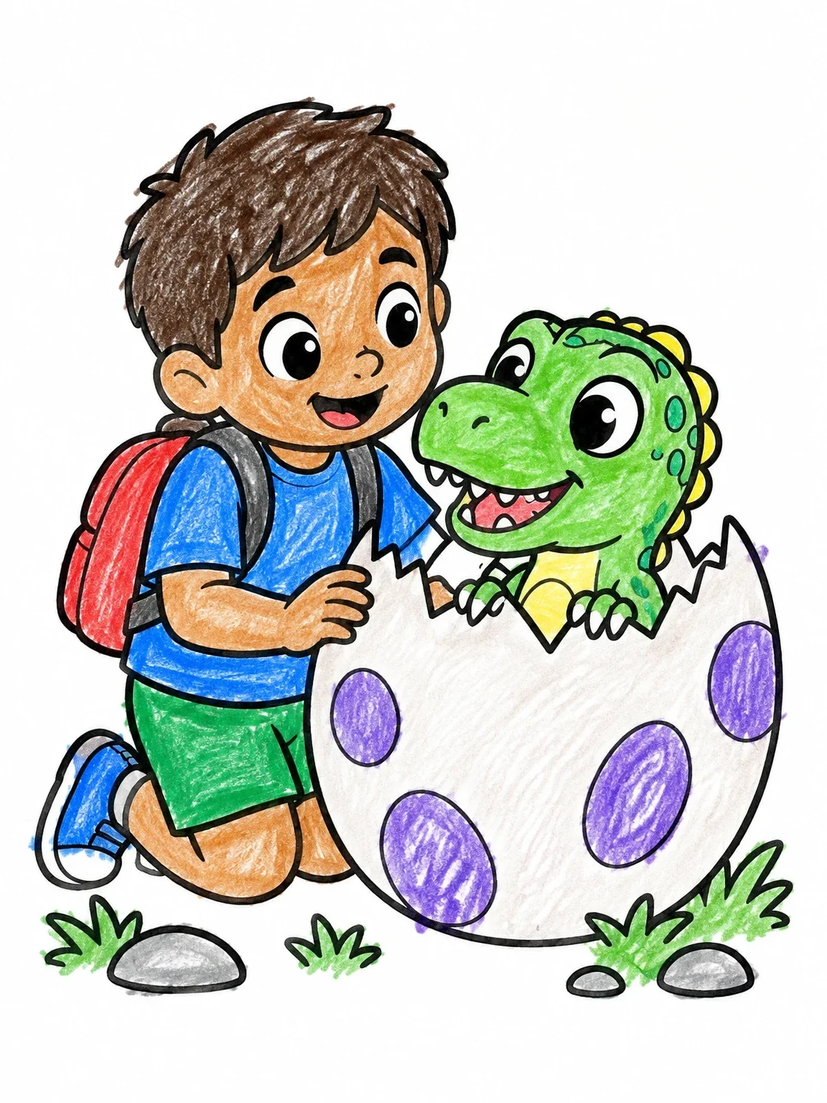 Colored example of the Boy Meeting A Hatching Baby Dinosaur coloring page