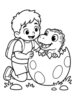 Free printable Boy Meeting A Hatching Baby Dinosaur coloring page