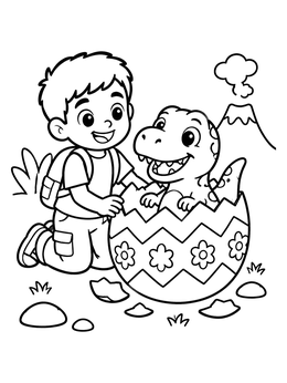 Free printable Boy Welcoming A Hatching Baby Dinosaur coloring page