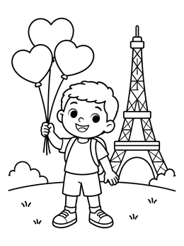 Free printable Boy With Heart Balloons In Paris coloring page