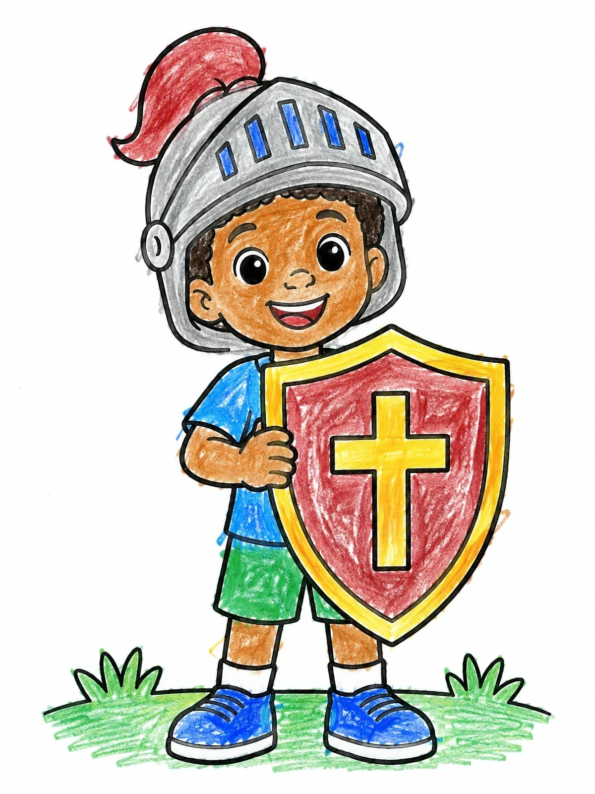 Colored example of the Boy With Knight Helmet And Shield coloring page