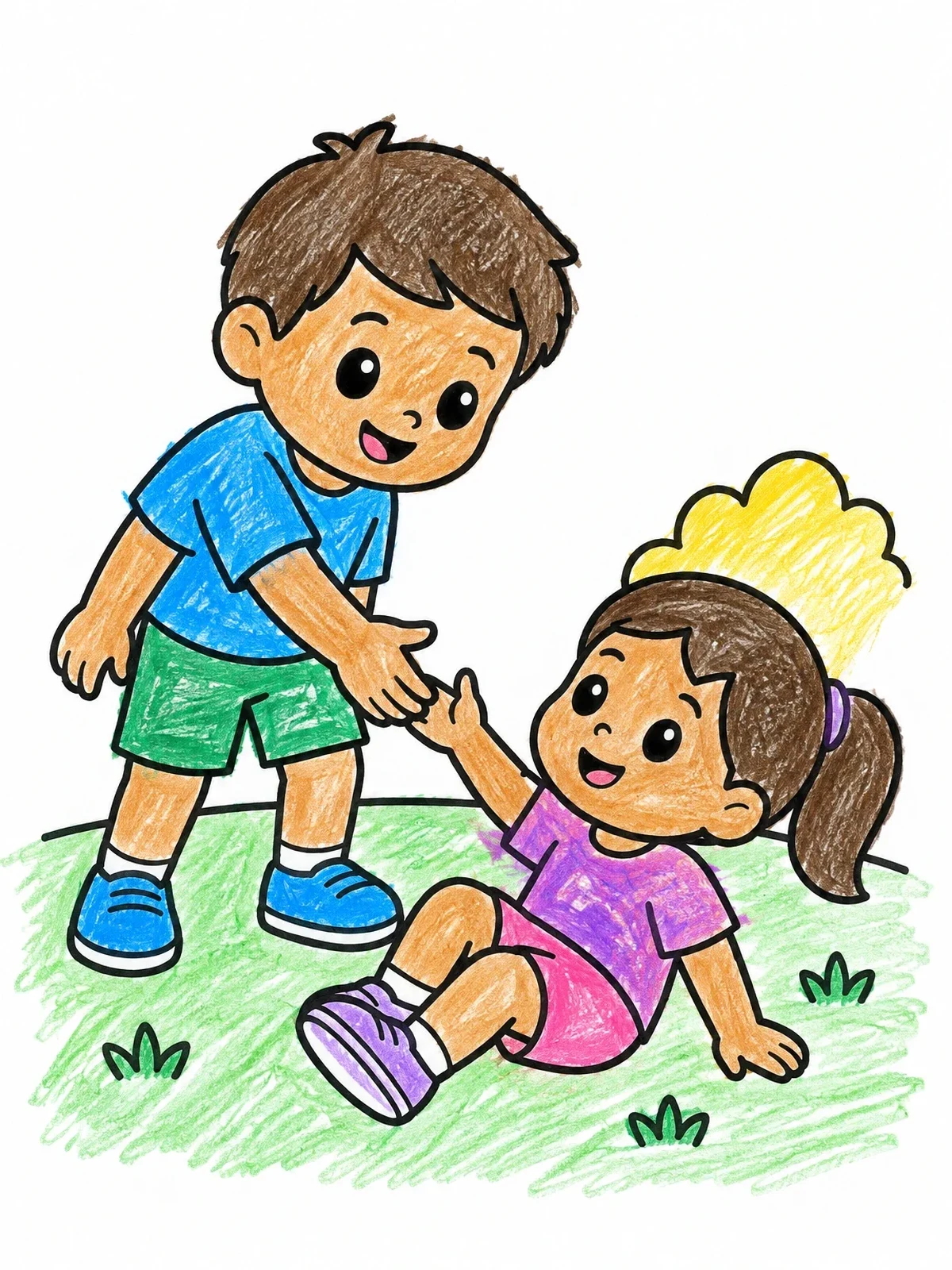 Colored example of the Boy Helping Friend Stand Up coloring page