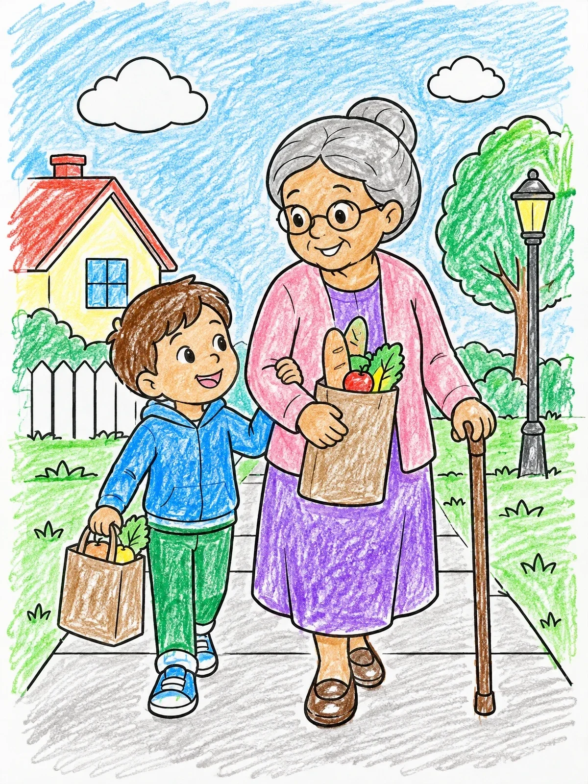Colored example of the Boy Helping Grandmother Carry Groceries coloring page