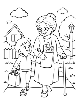 Free printable Boy Helping Grandmother Carry Groceries coloring page