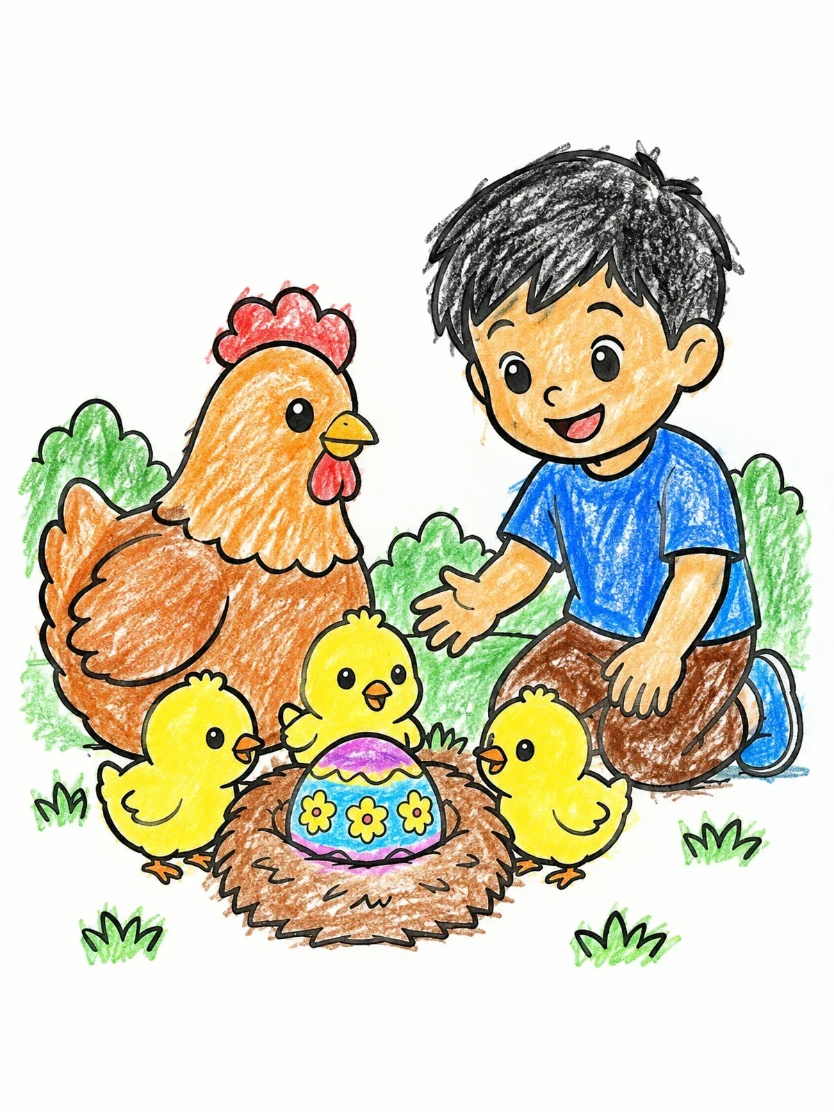Colored example of the Boy With Hen, Chicks, And Easter Egg coloring page