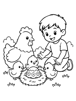 A cheerful boy admires a decorated egg with chicks in this easter cards coloring page.