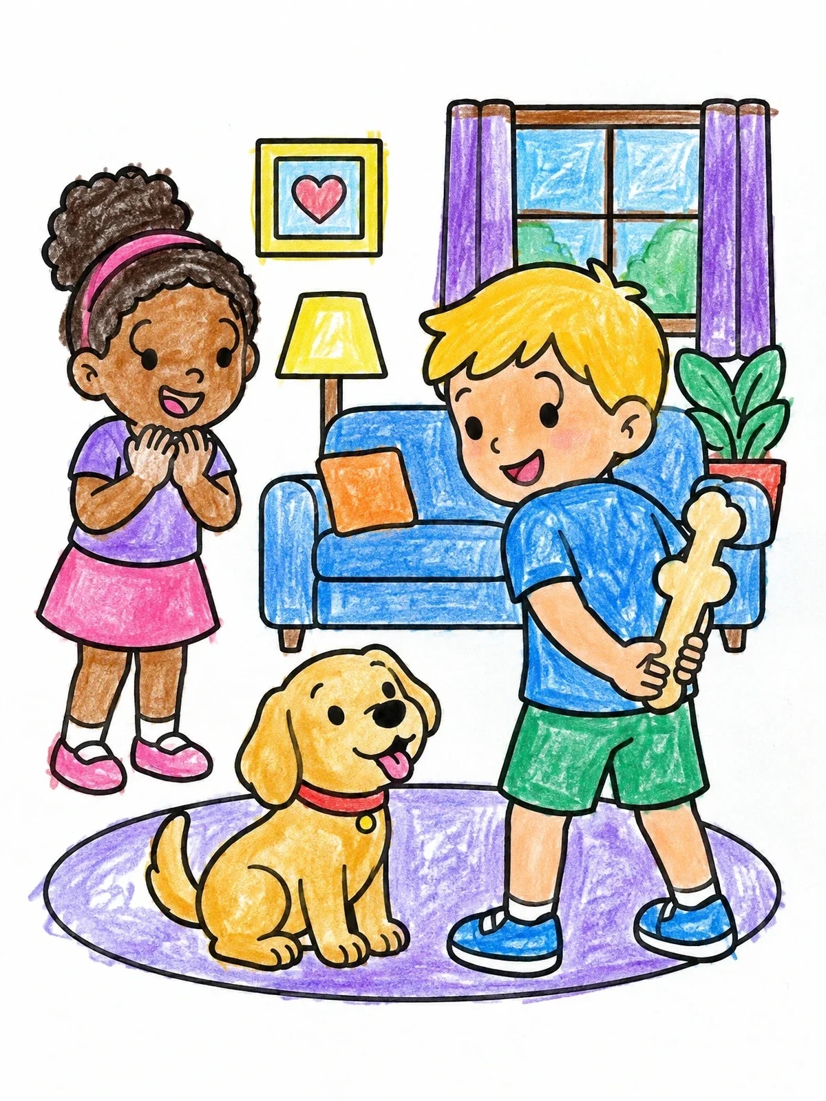 Colored example of the Boy Hiding A Bone From Puppy coloring page