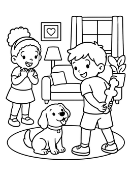 A playful dog bone coloring page showing a boy hiding a treat behind his back for a puppy.
