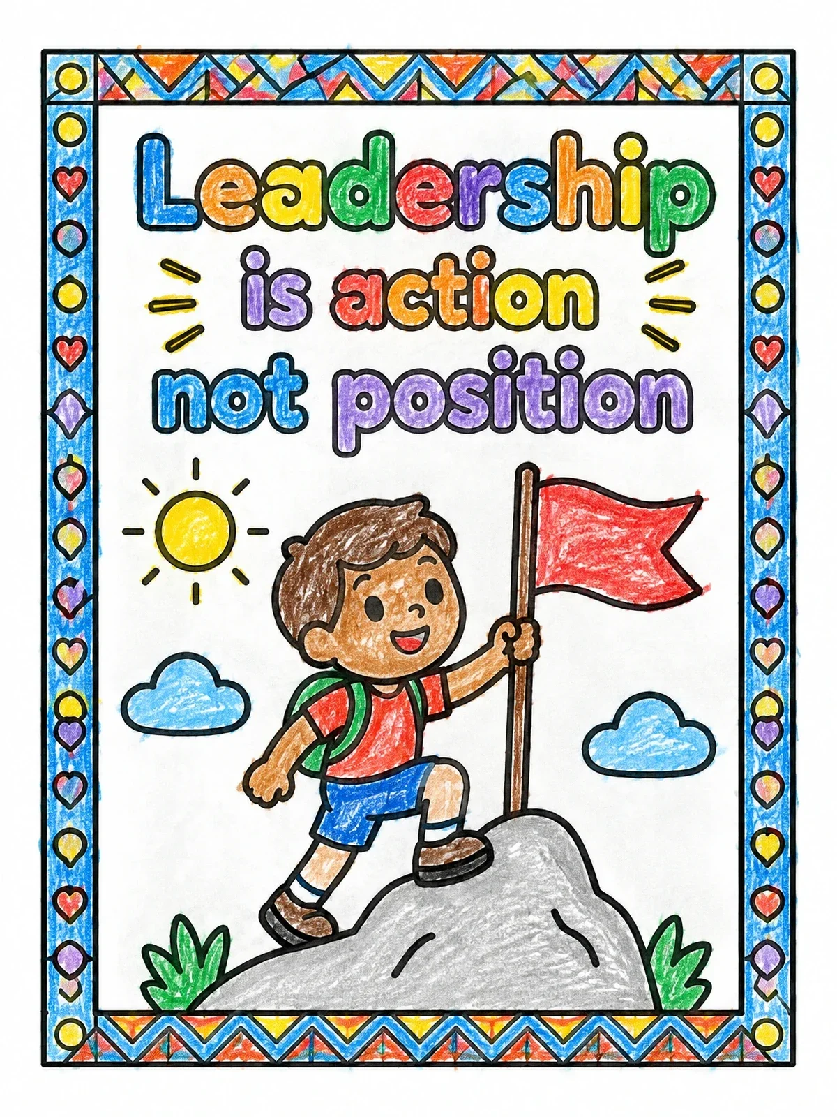 Colored example of the Boy Hiking With Leadership Quote coloring page