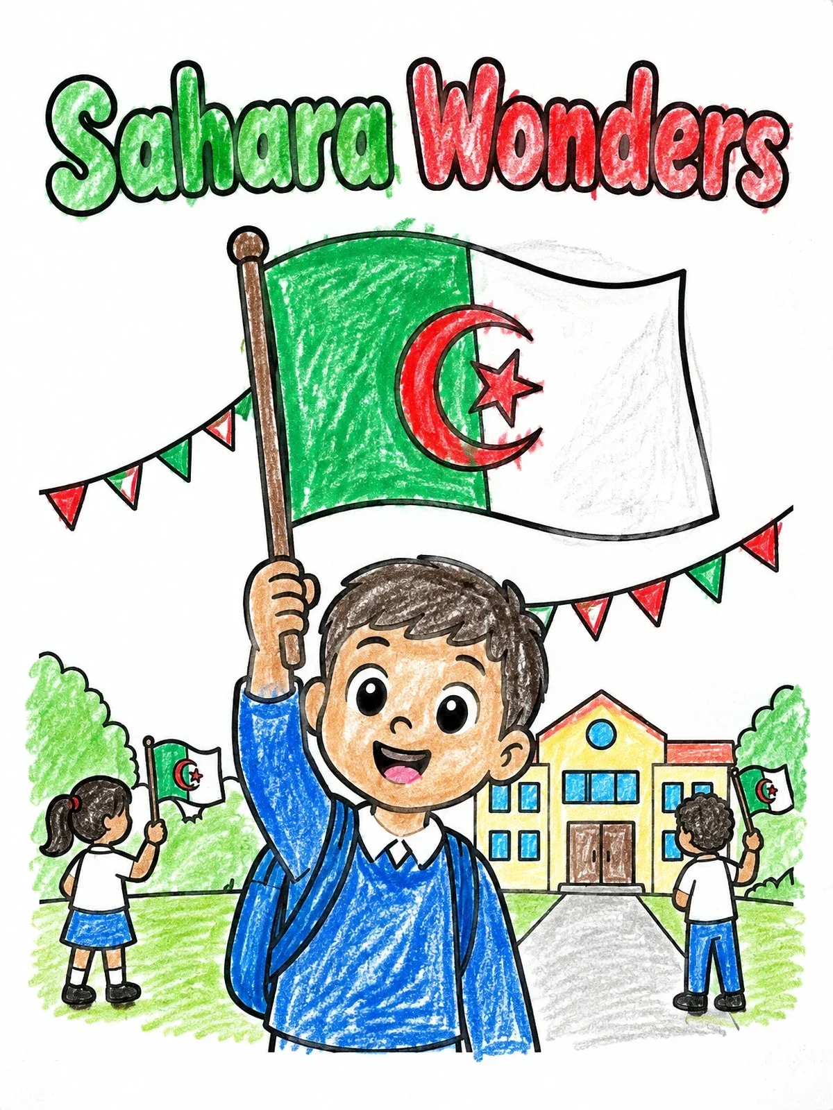 Colored example of the Boy Holding Algerian Flag At School coloring page
