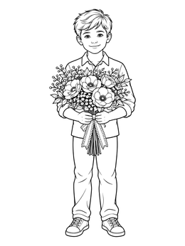 A smiling boy holding a delicate bouquet on this flower coloring page.