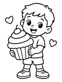 Free printable Happy Boy Holding Giant Cupcake coloring page