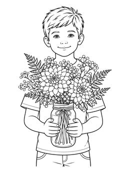 Free printable Boy Holding Mason Jar Dahlia Bouquet coloring page