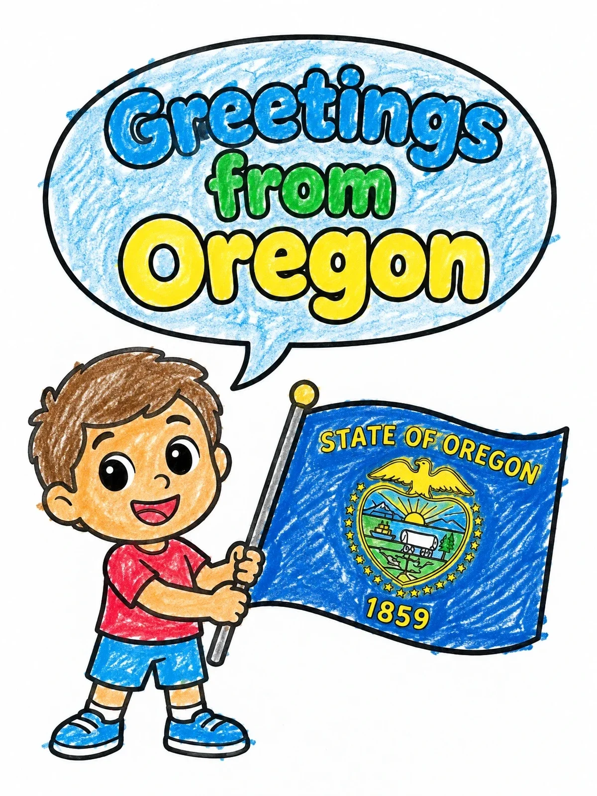 Colored example of the Boy Holding Oregon State Flag coloring page