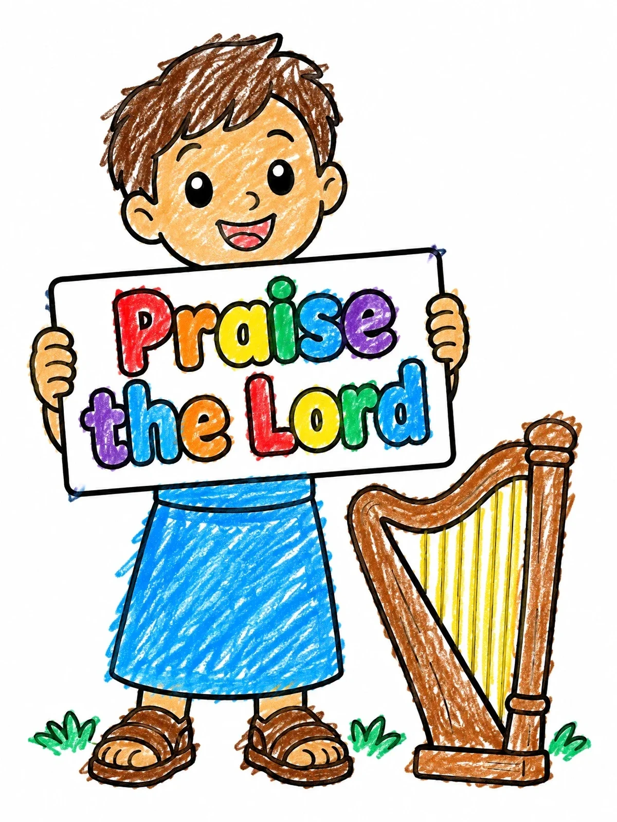 Colored example of the Boy With Praise Sign And Harp coloring page