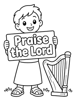 Free printable Boy With Praise Sign And Harp coloring page