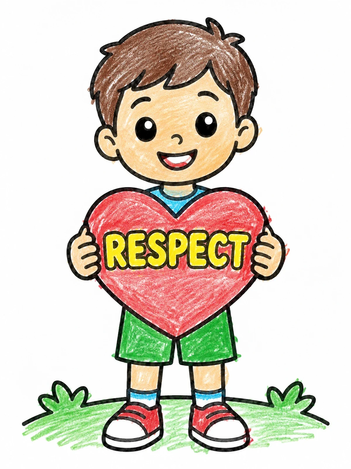 Colored example of the Boy Holding A Respect Heart Sign coloring page