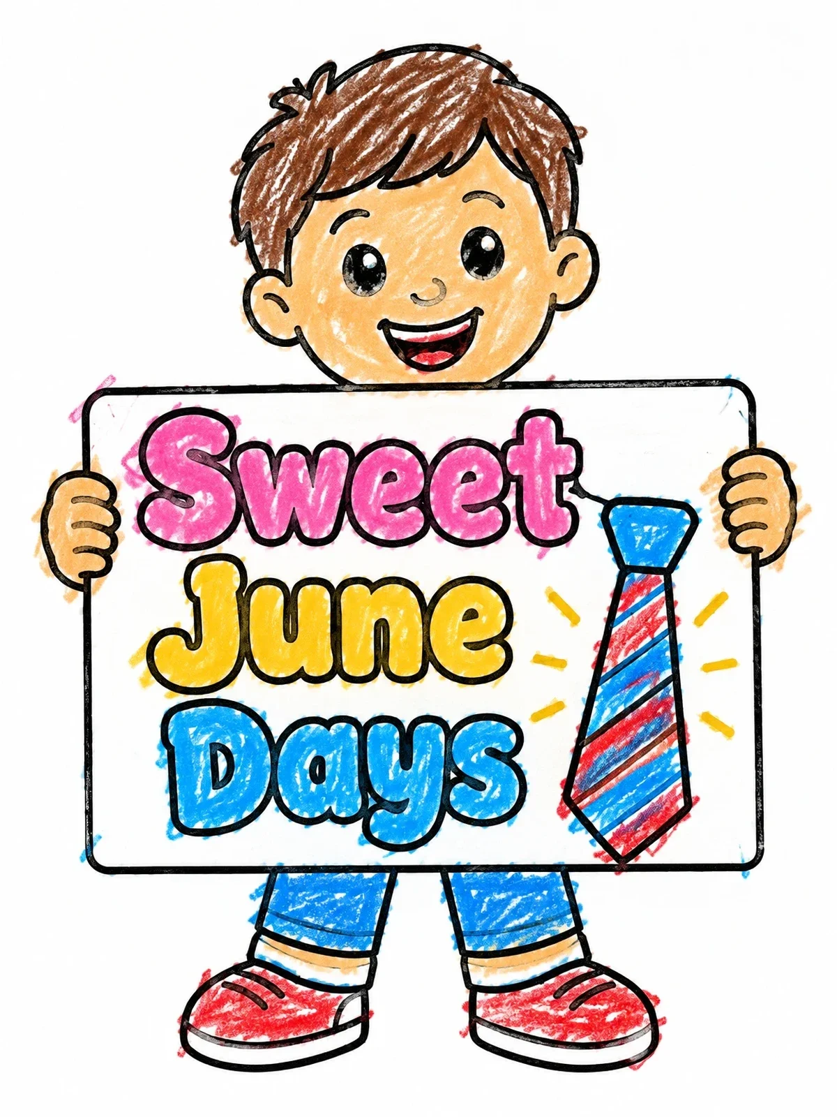 Colored example of the Boy Holding Sweet June Days Sign coloring page