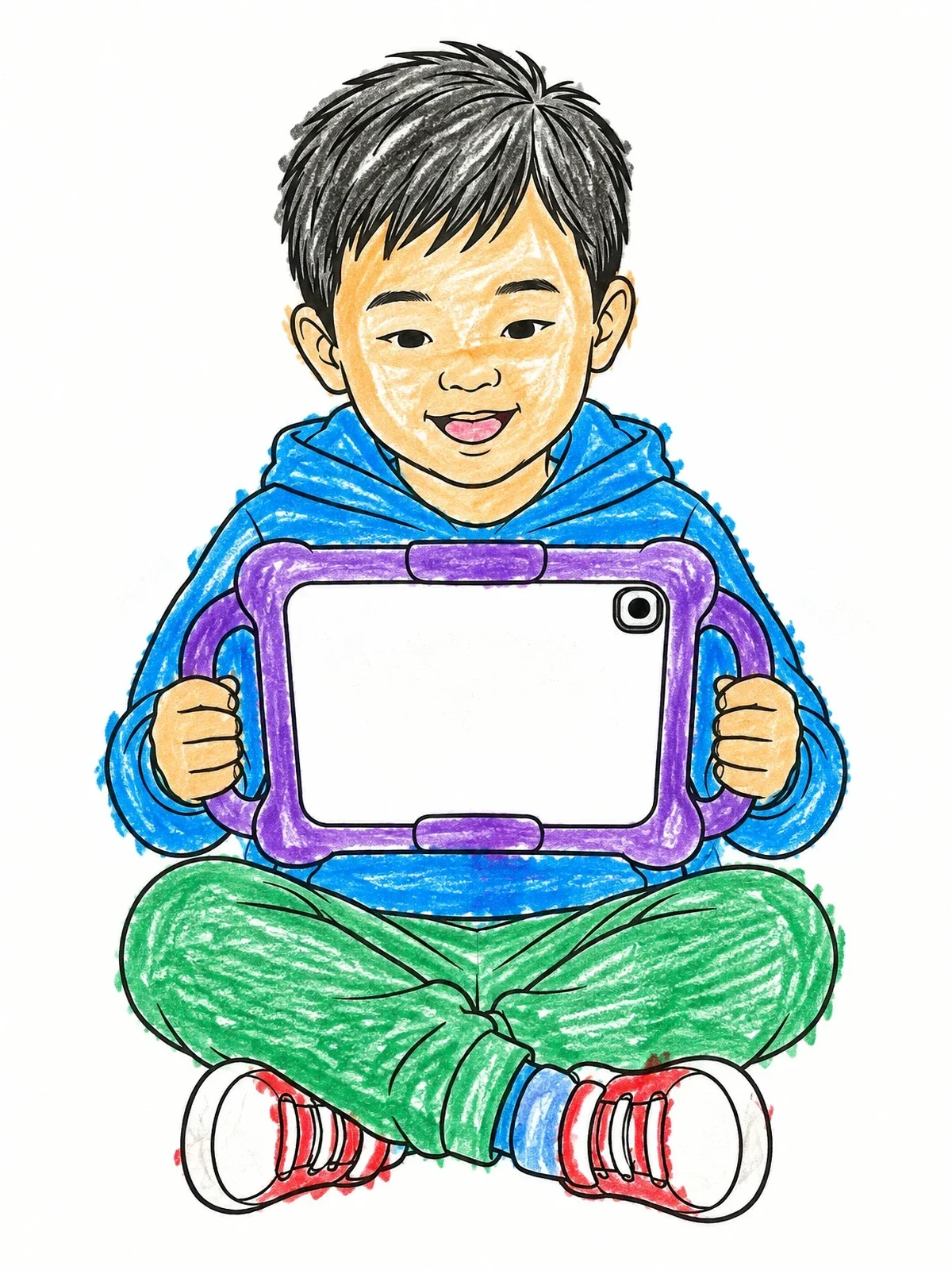 Colored example of the Boy Sitting With Tablet In Protective Case coloring page