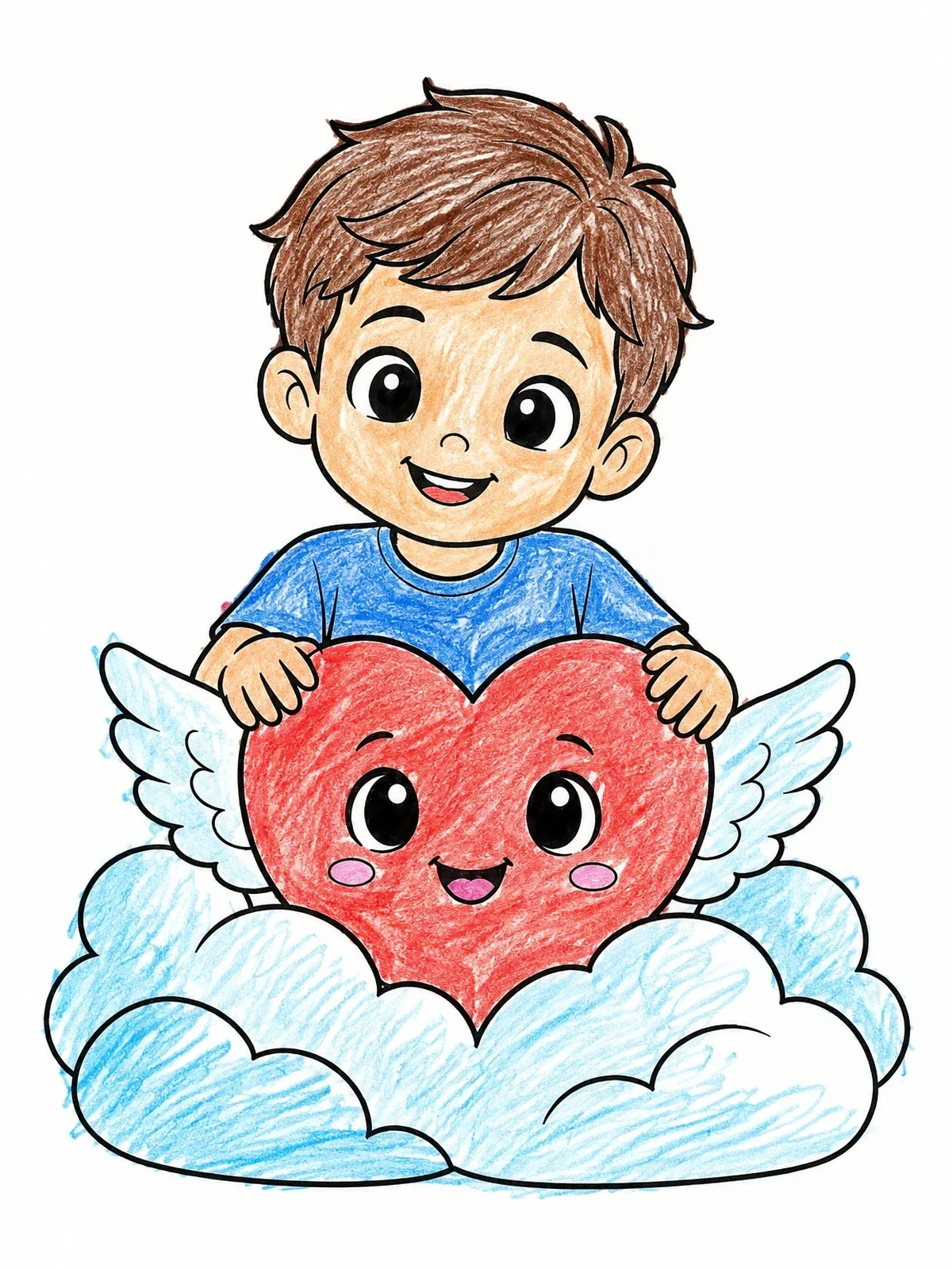 Colored example of the Boy Holding A Winged Heart Cloud coloring page
