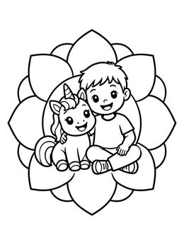 Free printable Boy With Baby Unicorn In Flower Mandala coloring page