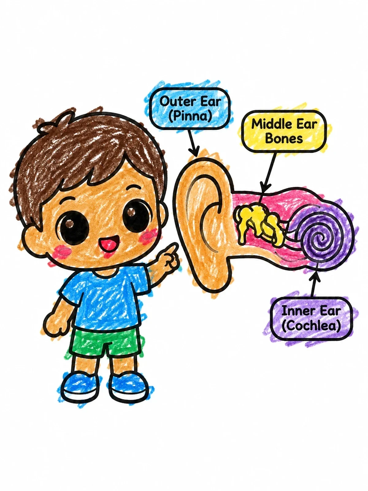 Colored example of the Kid Pointing To Human Ear Diagram coloring page