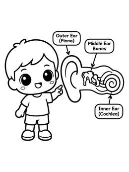 A cute boy in a human coloring page pointing to a labeled human ear diagram.