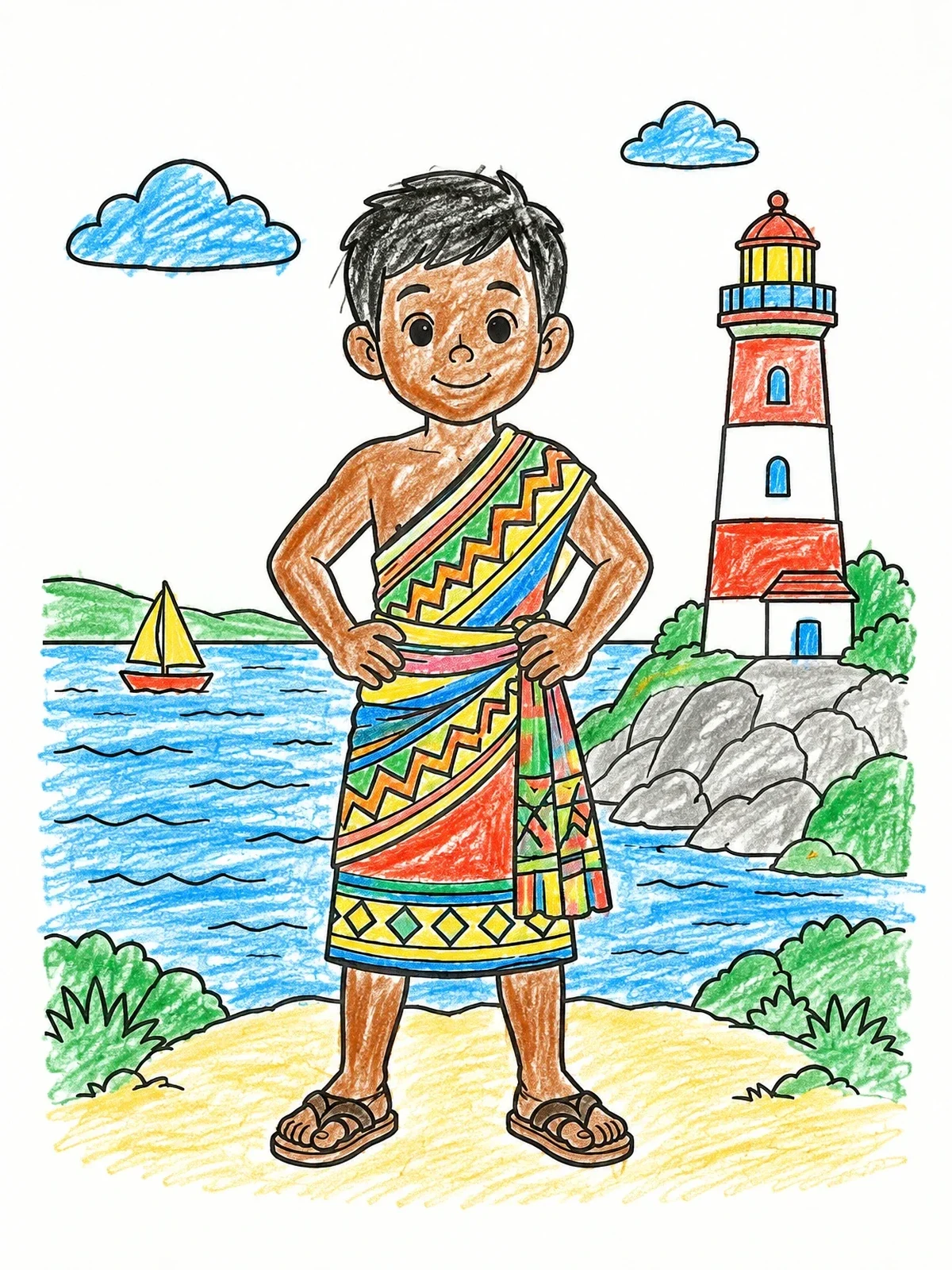 Colored example of the Boy In Kente By Lighthouse coloring page