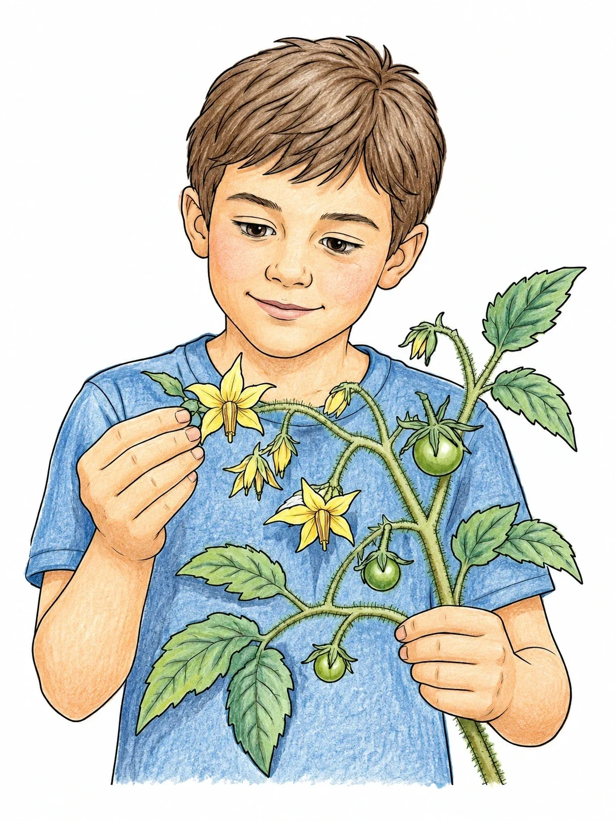 Colored example of the Boy Inspecting Flowering Tomato Plant coloring page