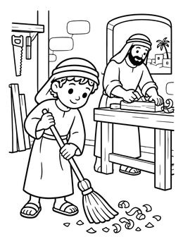Free printable Boy Jesus Sweeping The Carpentry Shop coloring page