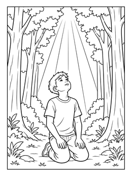 Boy Kneeling Under Forest Sunlight coloring page