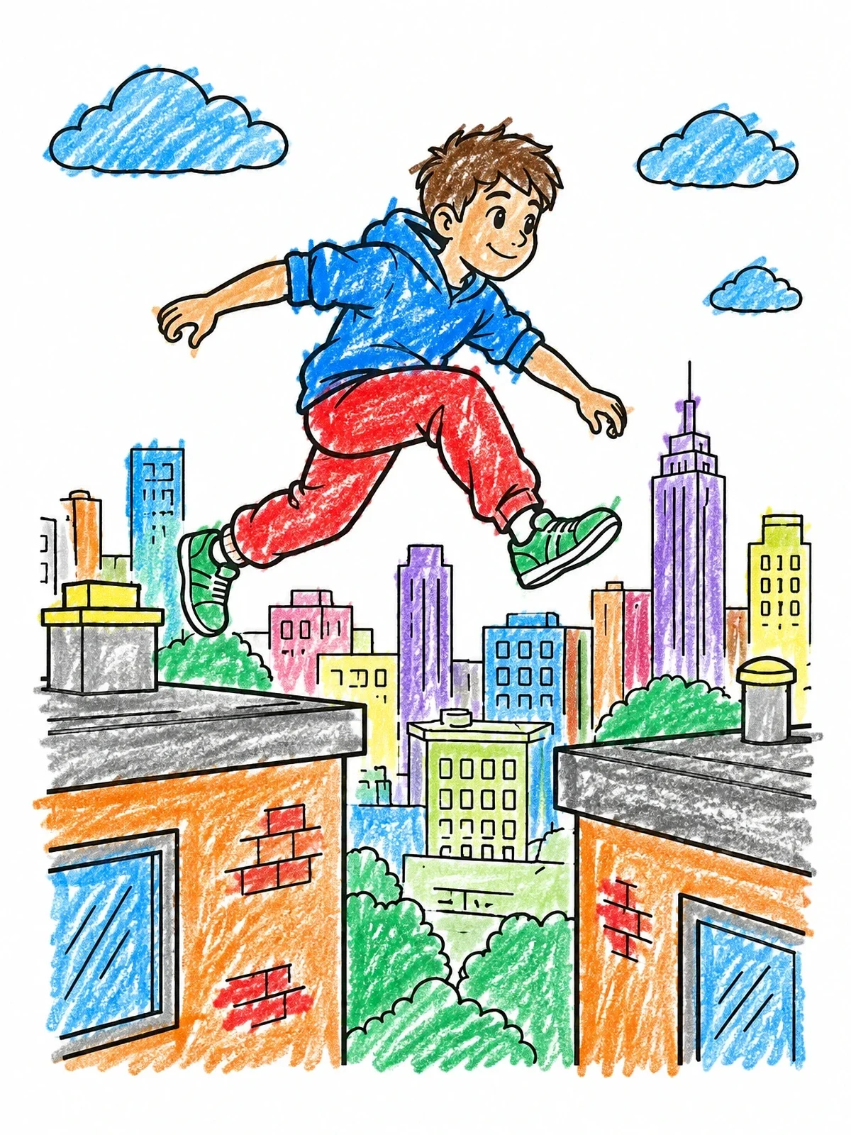 Colored example of the Boy Leaping Over City Rooftops coloring page