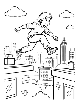 Free printable Boy Leaping Over City Rooftops coloring page