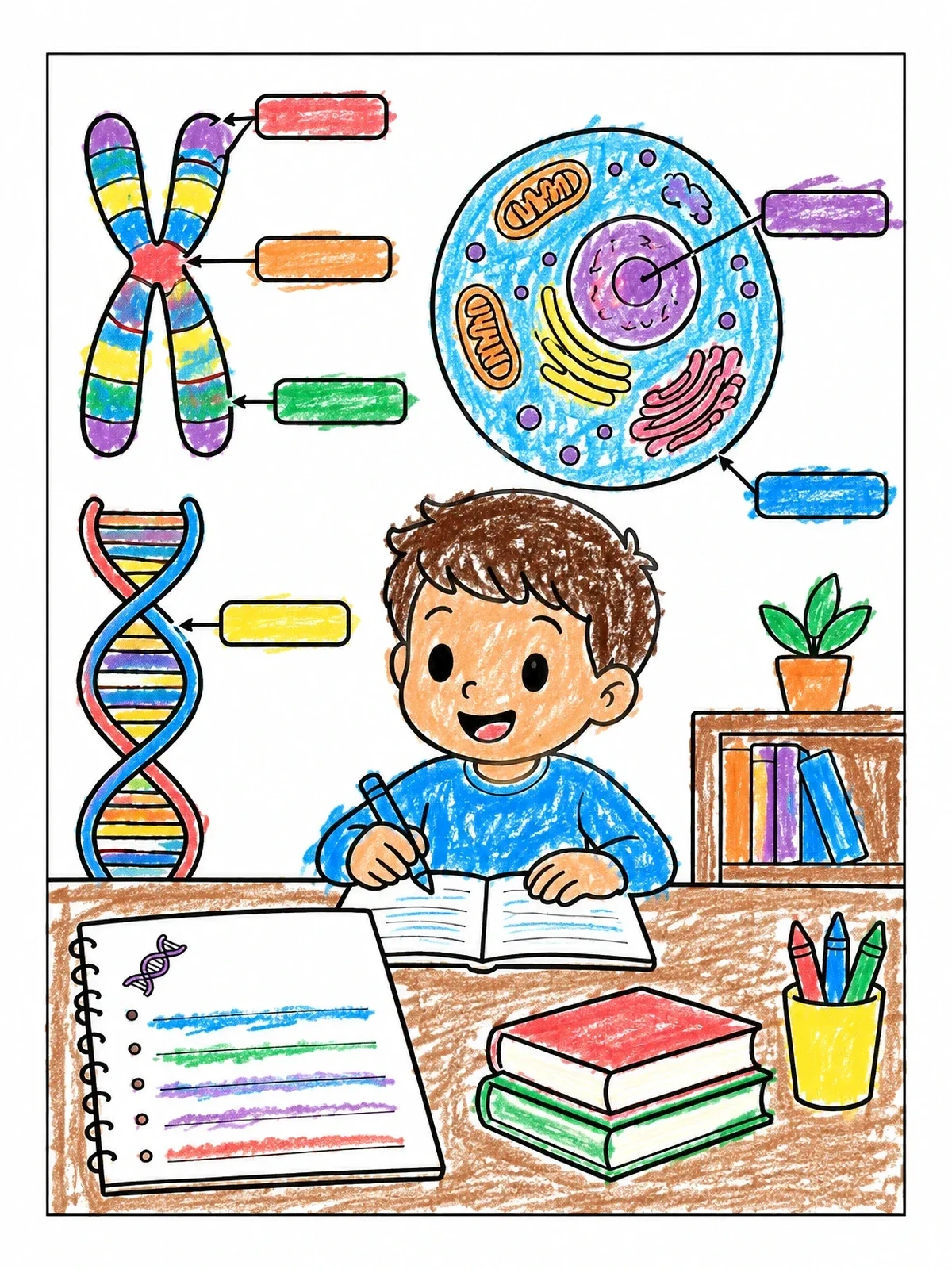 Colored example of the Young Boy Learning Genetics Science coloring page