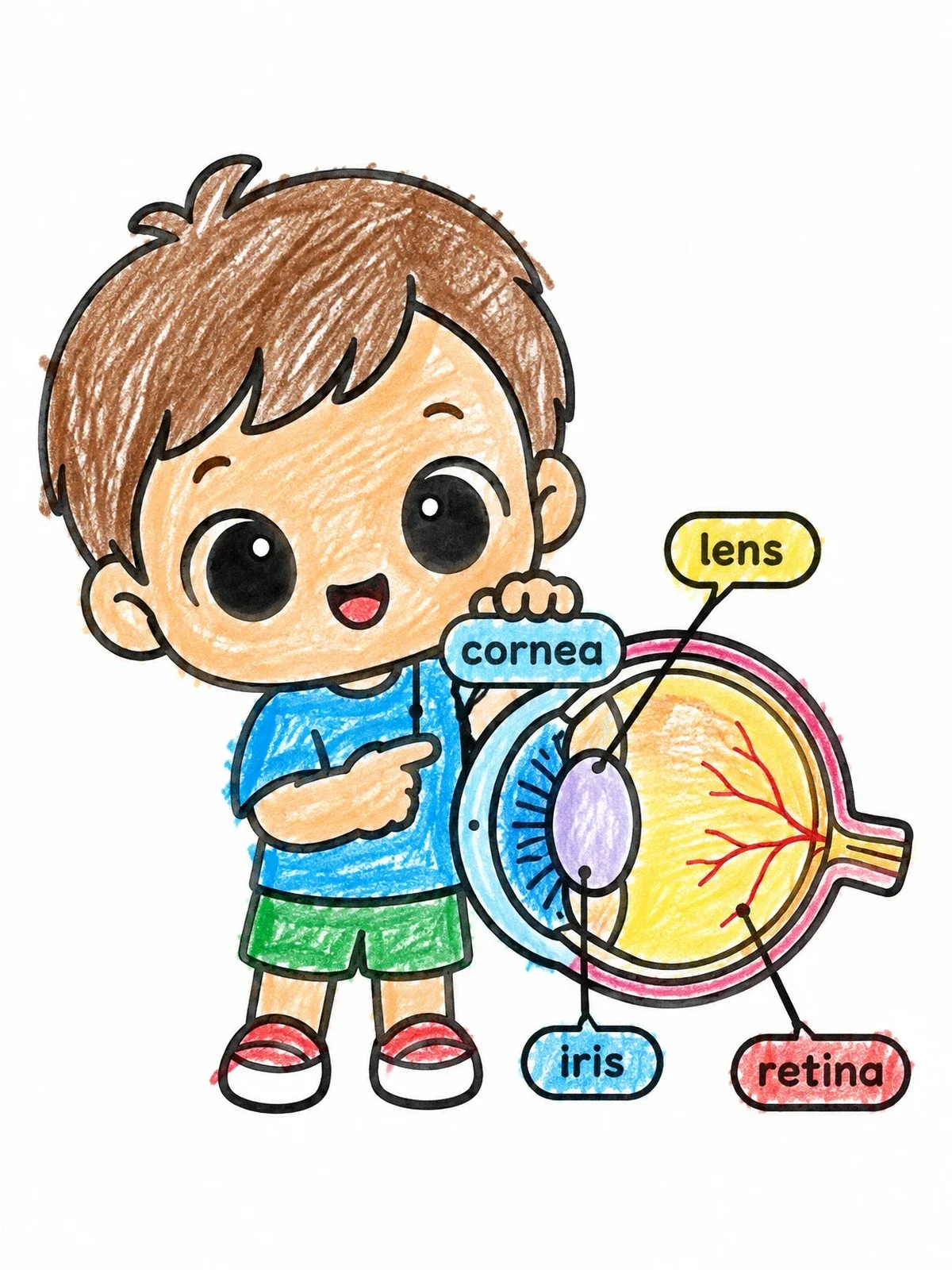 Colored example of the Little Boy Learning Eye Anatomy coloring page