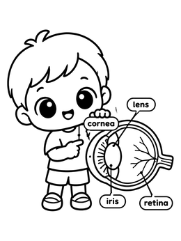 A cute boy pointing at an eye diagram in this human coloring page.