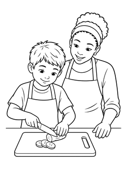 A young boy slicing vegetables under supervision in this kitchen coloring page.