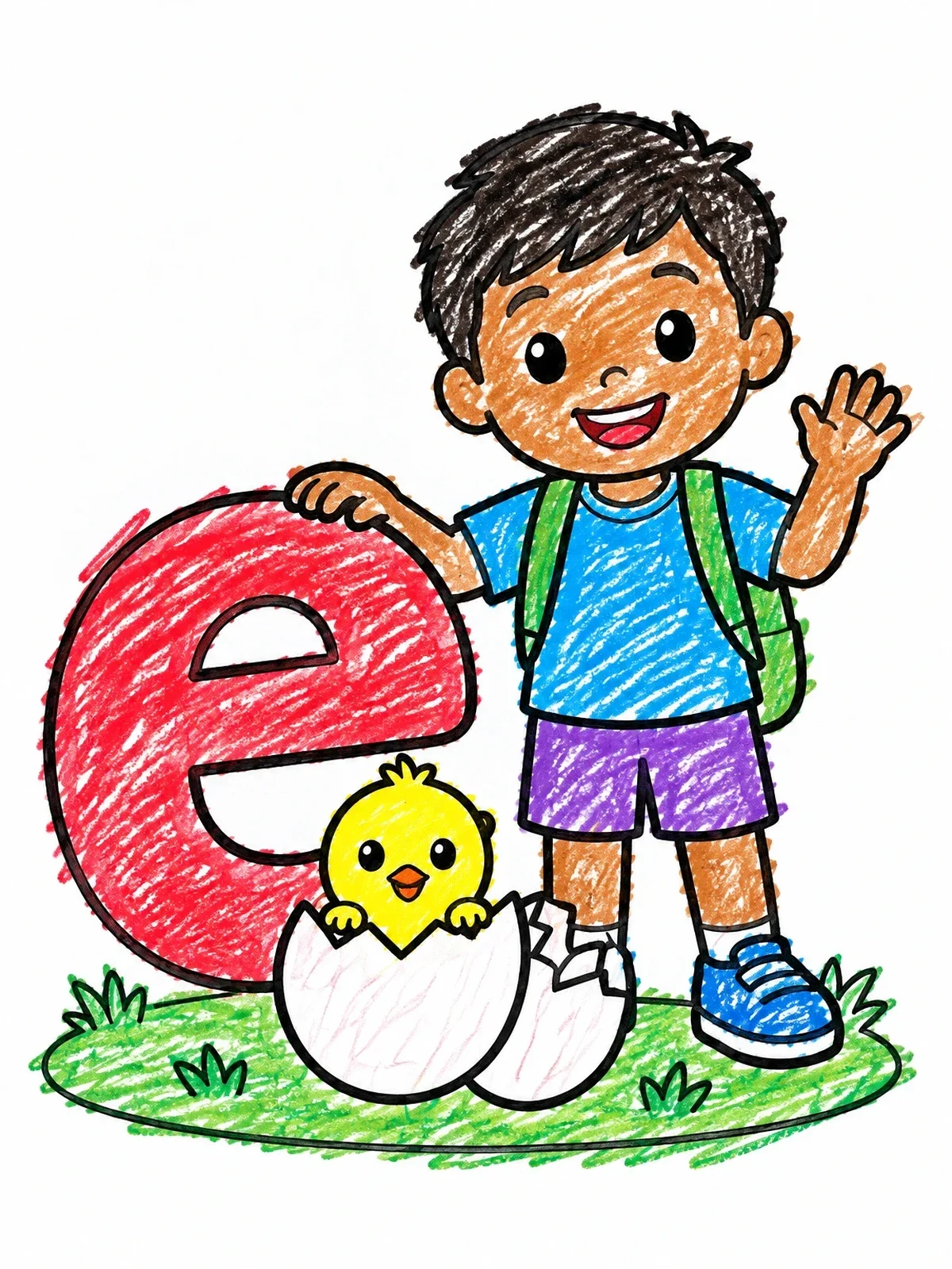 Colored example of the Boy With Letter E And Hatching Chick coloring page