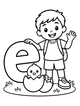 Free printable Boy With Letter E And Hatching Chick coloring page