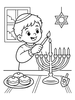 A cheerful boy lighting a menorah on this cute hanukkah coloring page with sufganiyot and a dreidel.