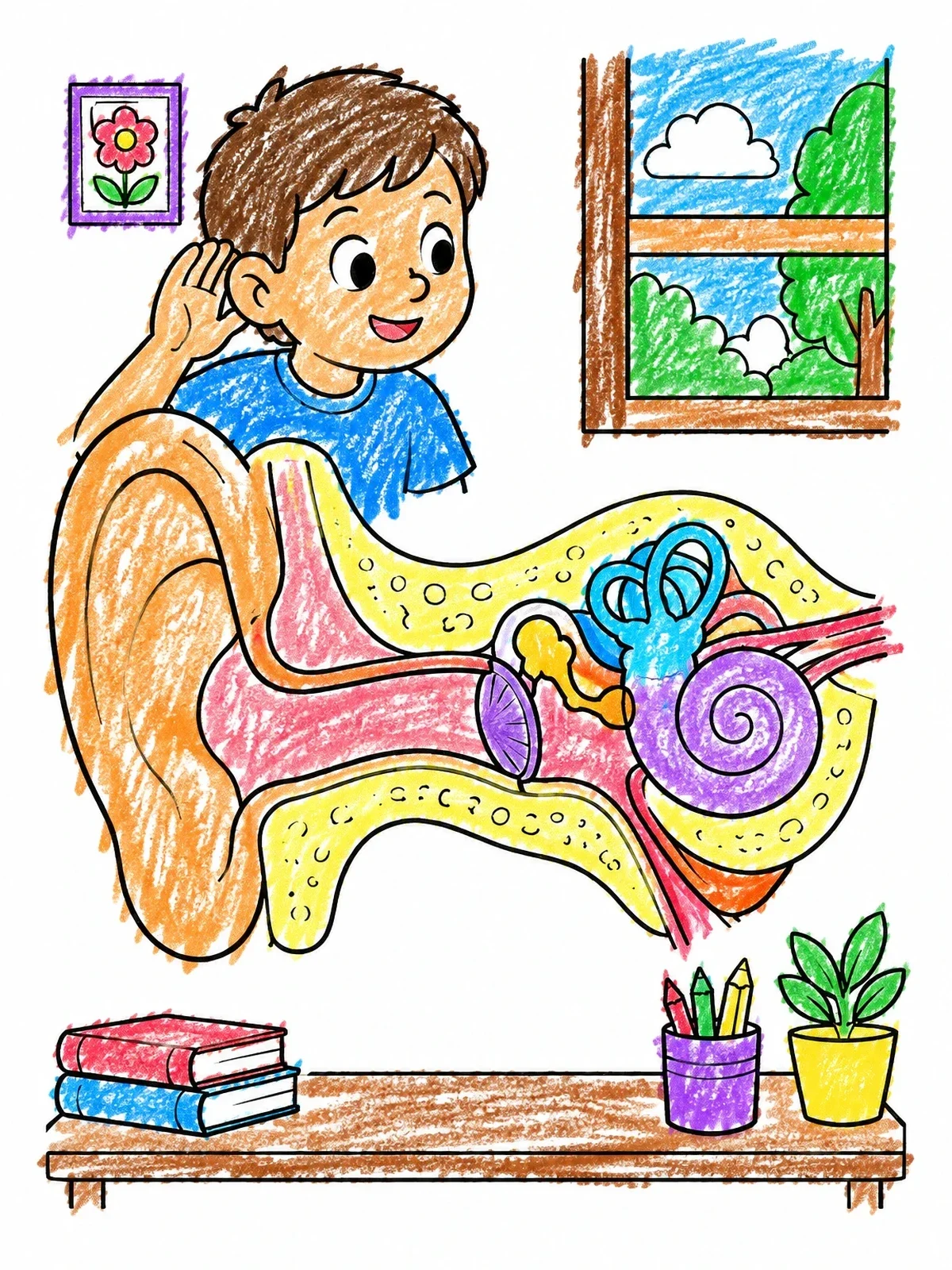 Colored example of the Boy Listening And Inner Ear Diagram coloring page