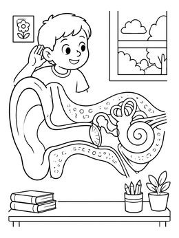 Free printable Boy Listening And Inner Ear Diagram coloring page