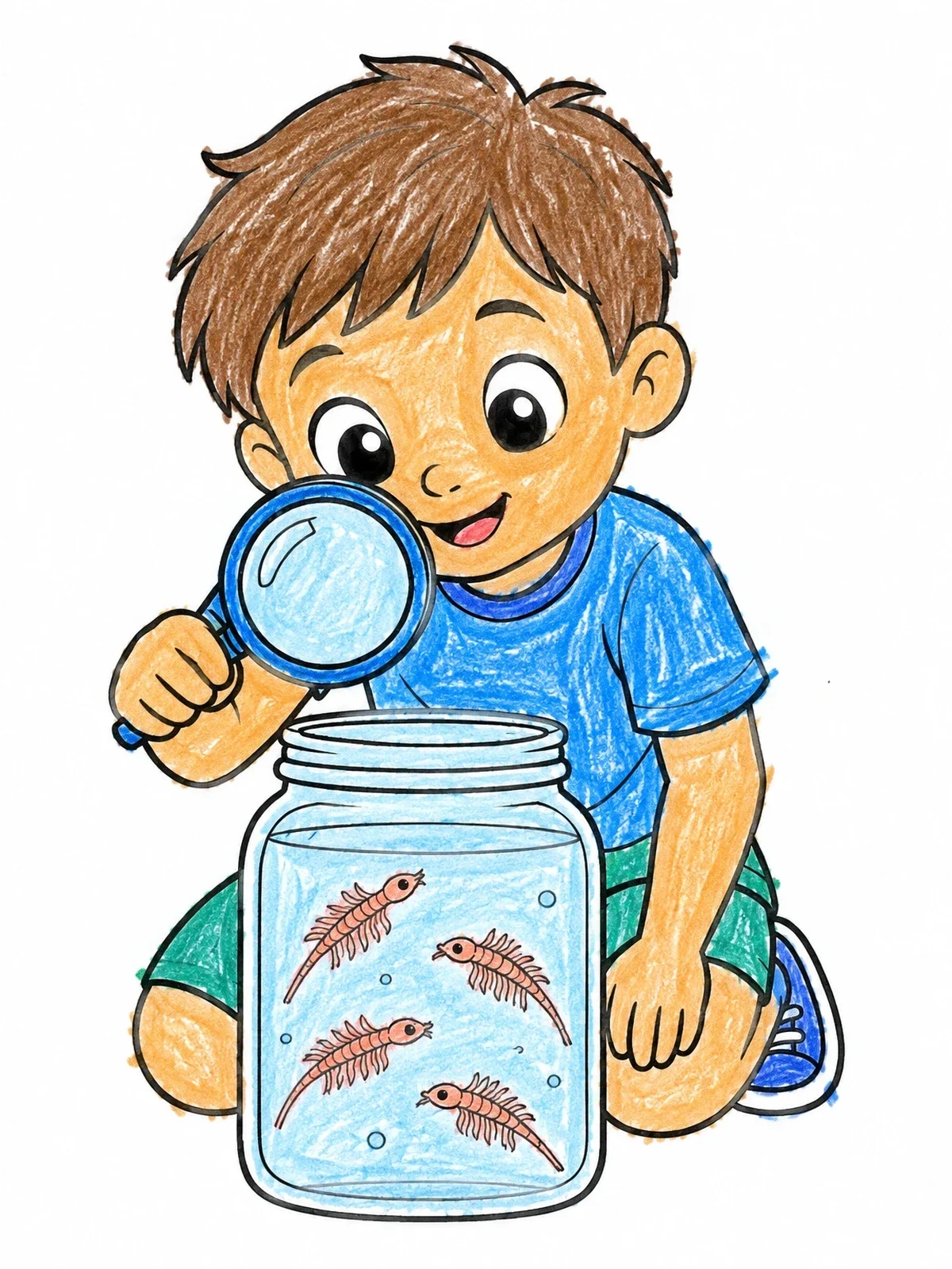 Colored example of the Boy Inspecting Sea Monkeys In A Jar coloring page