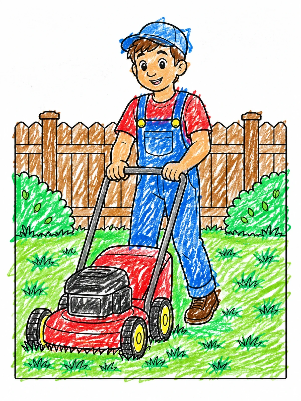 Colored example of the Boy Mowing The Lawn In Backyard coloring page