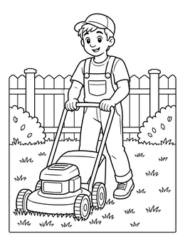 Free printable Boy Mowing The Lawn In Backyard coloring page