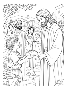 A smiling boy offering bread on this jesus loves the children coloring page.