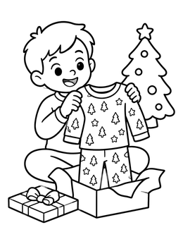 Free printable Boy Opening Christmas Pajamas Gift coloring page