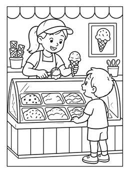 A young boy orders a cone at the parlor counter in this ice cream coloring page.